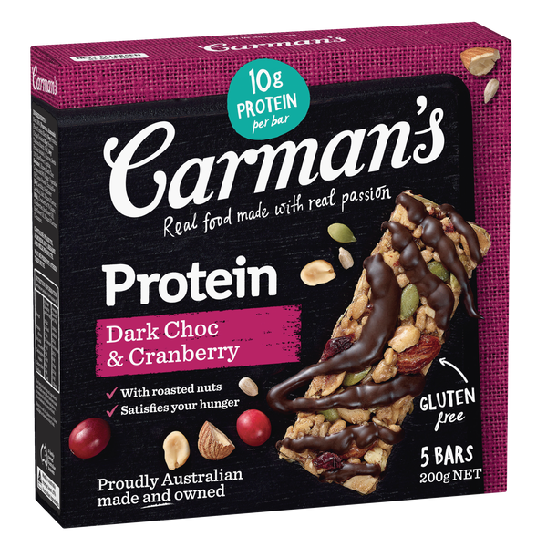 Carman's Gourmet Protein Bars Dark Choc & Cranberry 5 Pack 200g