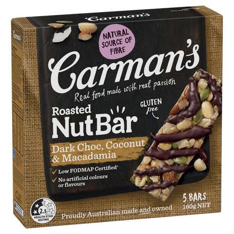 Carman's Dark Choc Macadamia Coconut Nut Bars 5 Pack 160g