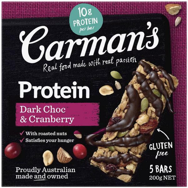 Carman's Gourmet Protein Bars Dark Choc & Cranberry 5 Pack 200g